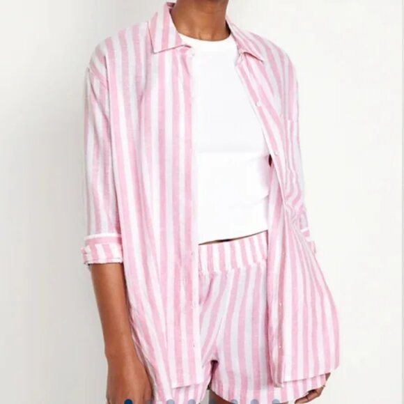 Old Navy Linen Blend Stripe The Boyfriend Shirt & Shorts Pajama Set